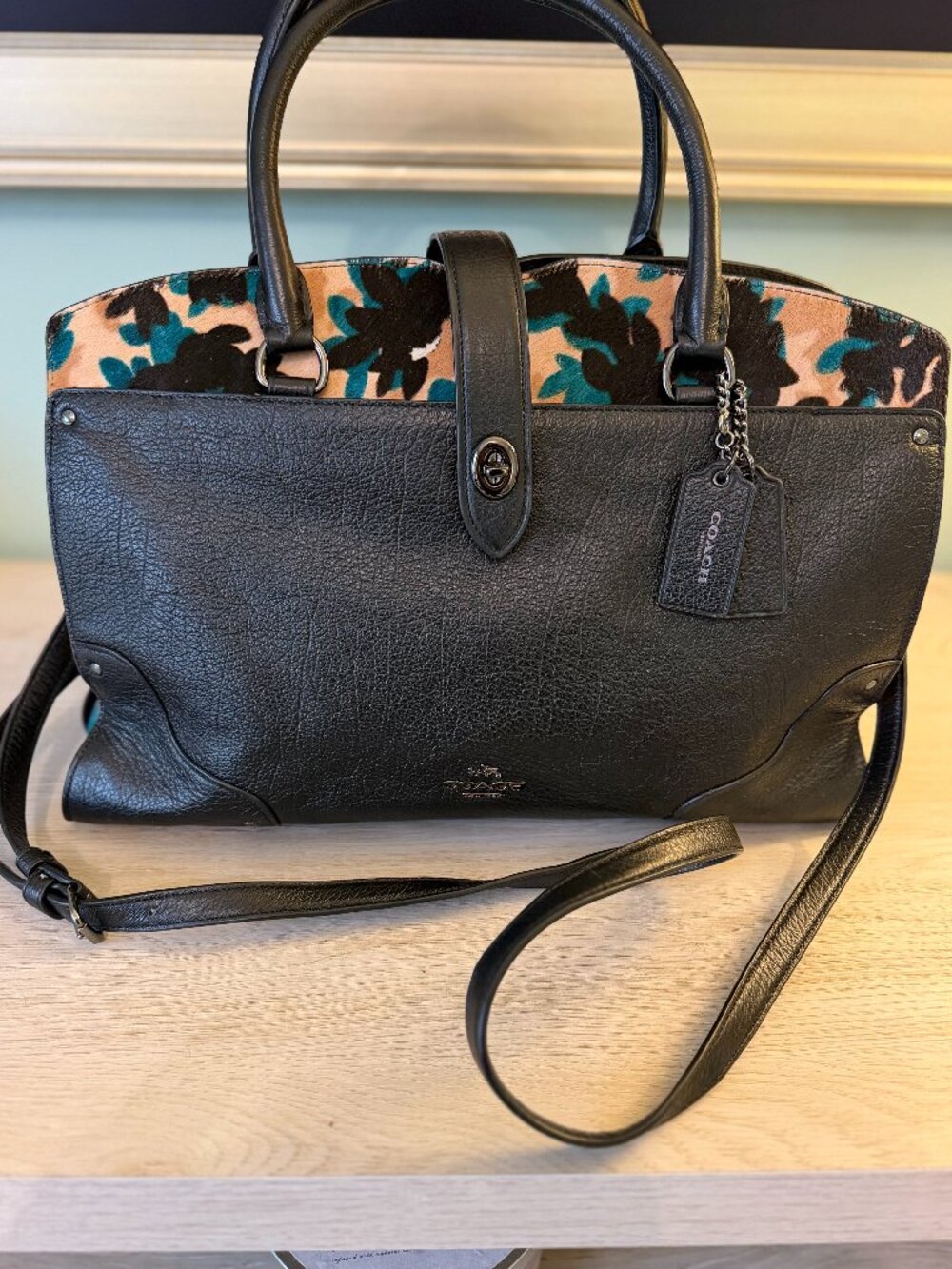 COACH NWOT Mercer Satchel, Black Pebbled Leather with Fall Floral Haircalf Trim